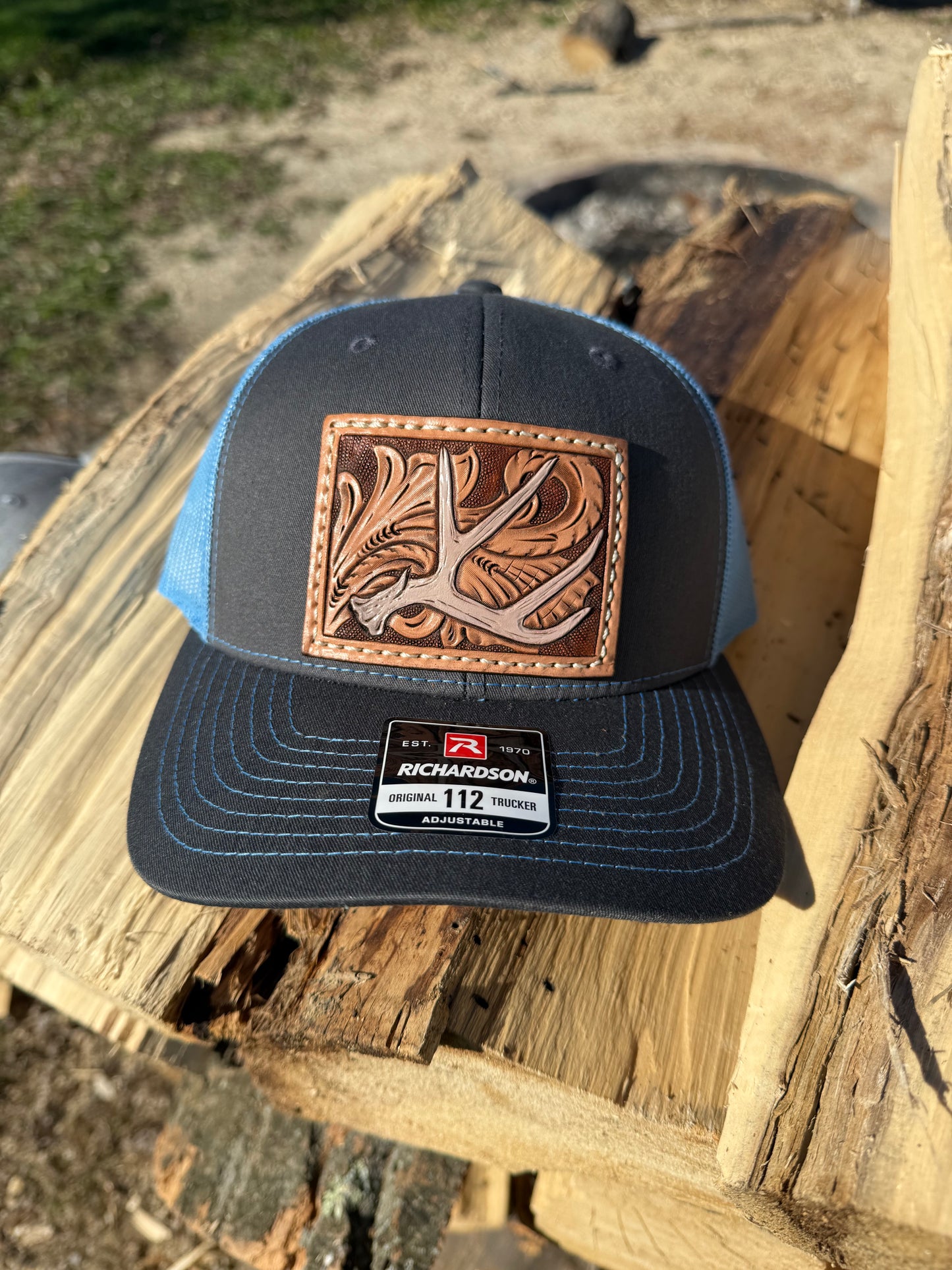 Tooled Mule deer Antler and floral Patch Hat