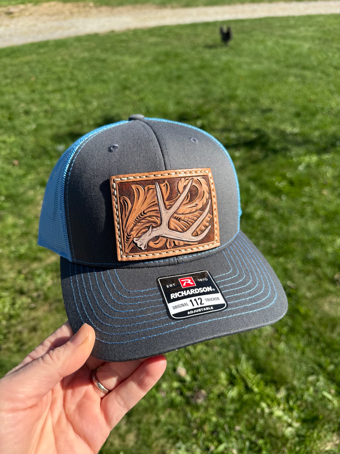 Tooled Mule deer Antler and floral Patch Hat