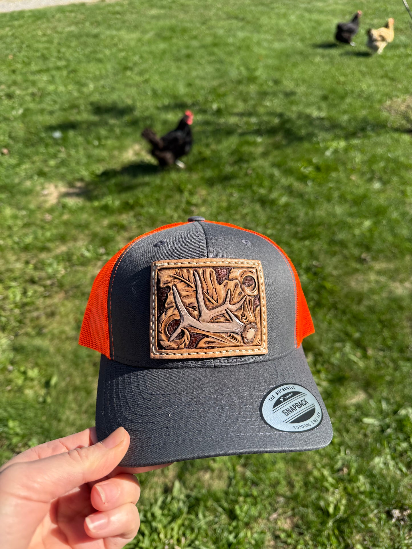 Tooled Whitetail deer Antler and floral Patch Hat