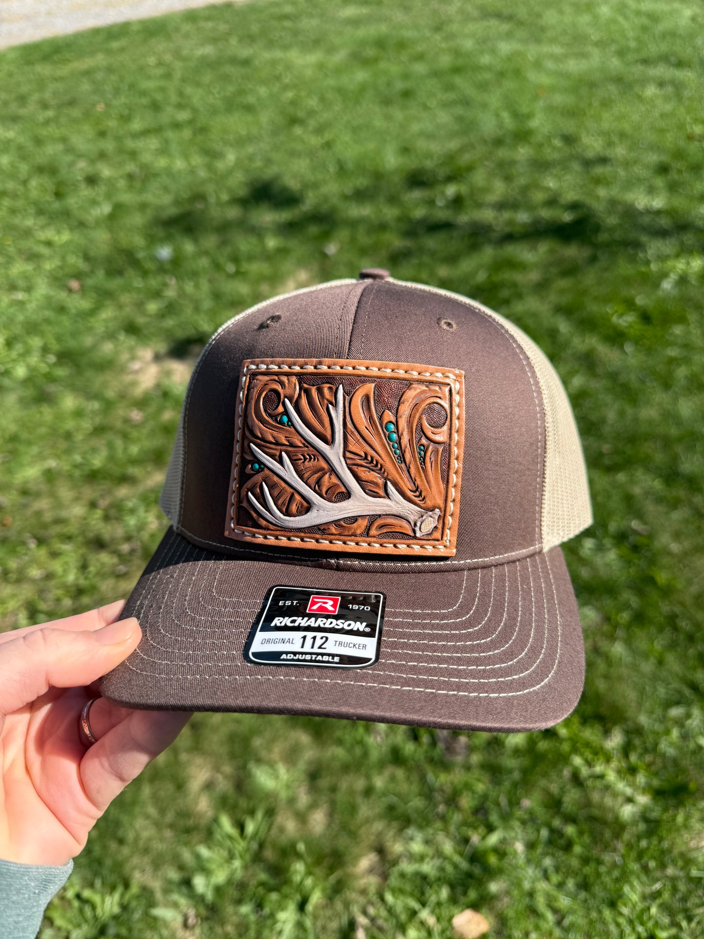 Tooled Mule deer Antler and floral Patch Hat
