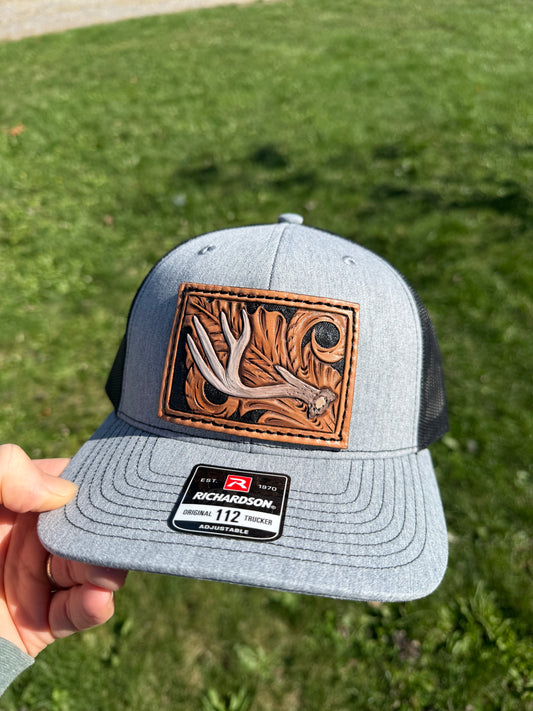 Tooled whitetail deer Antler and floral Patch Hat