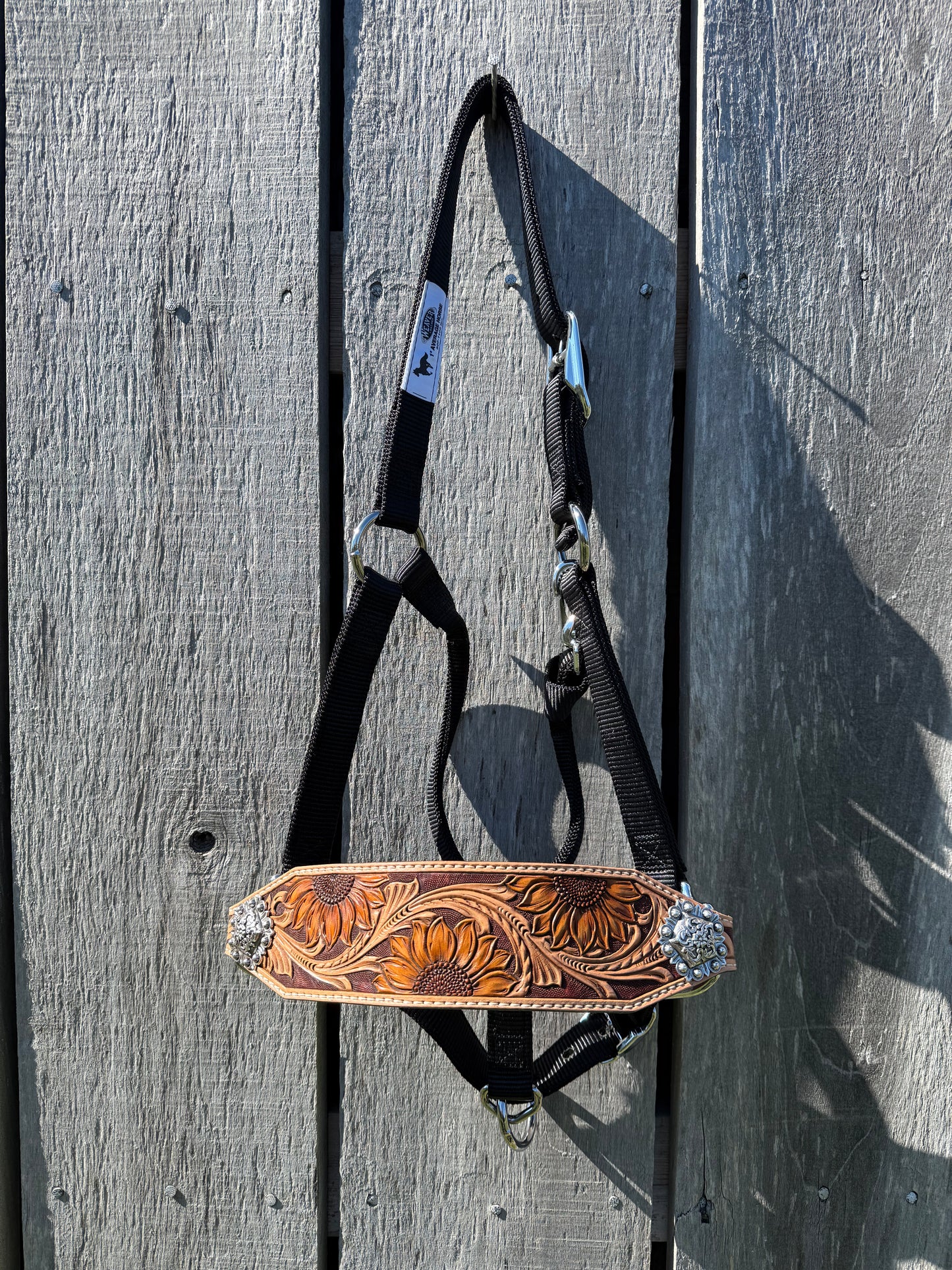 Tooled leather noseband for horse halter