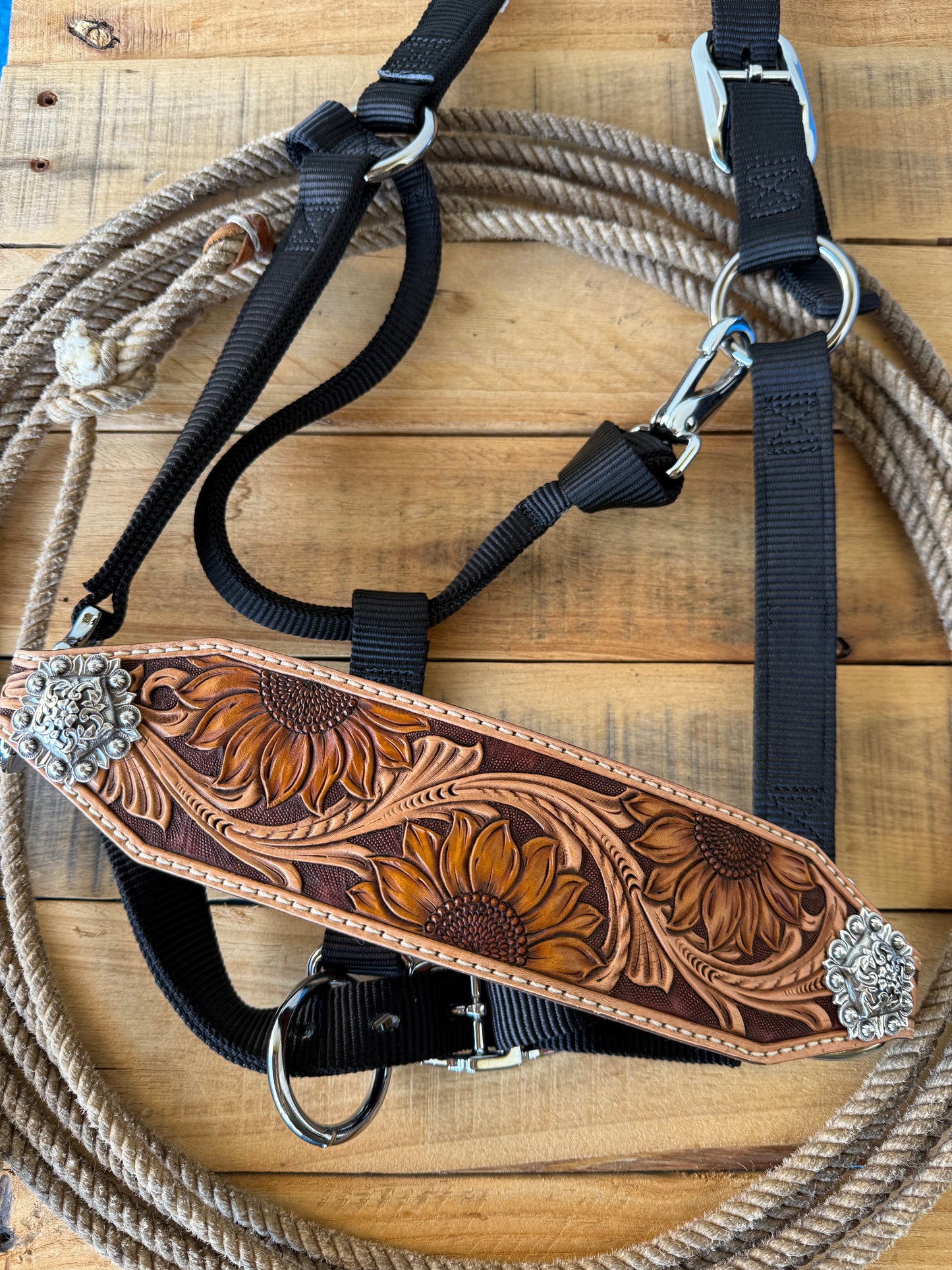 Tooled leather noseband for horse halter