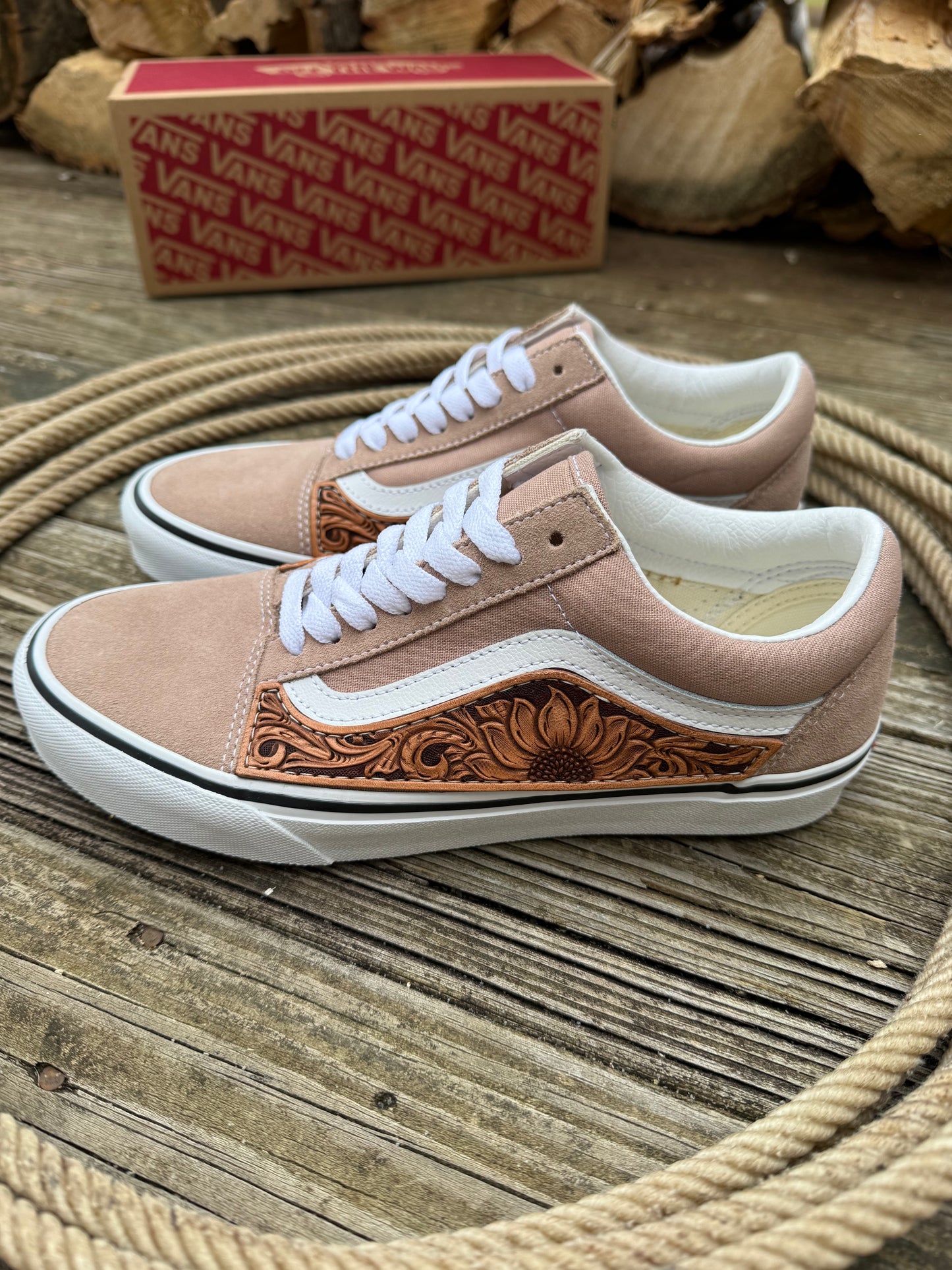 Women’s size 8 Custom Tooled Vans Old Skool shoes with sunflower floral
