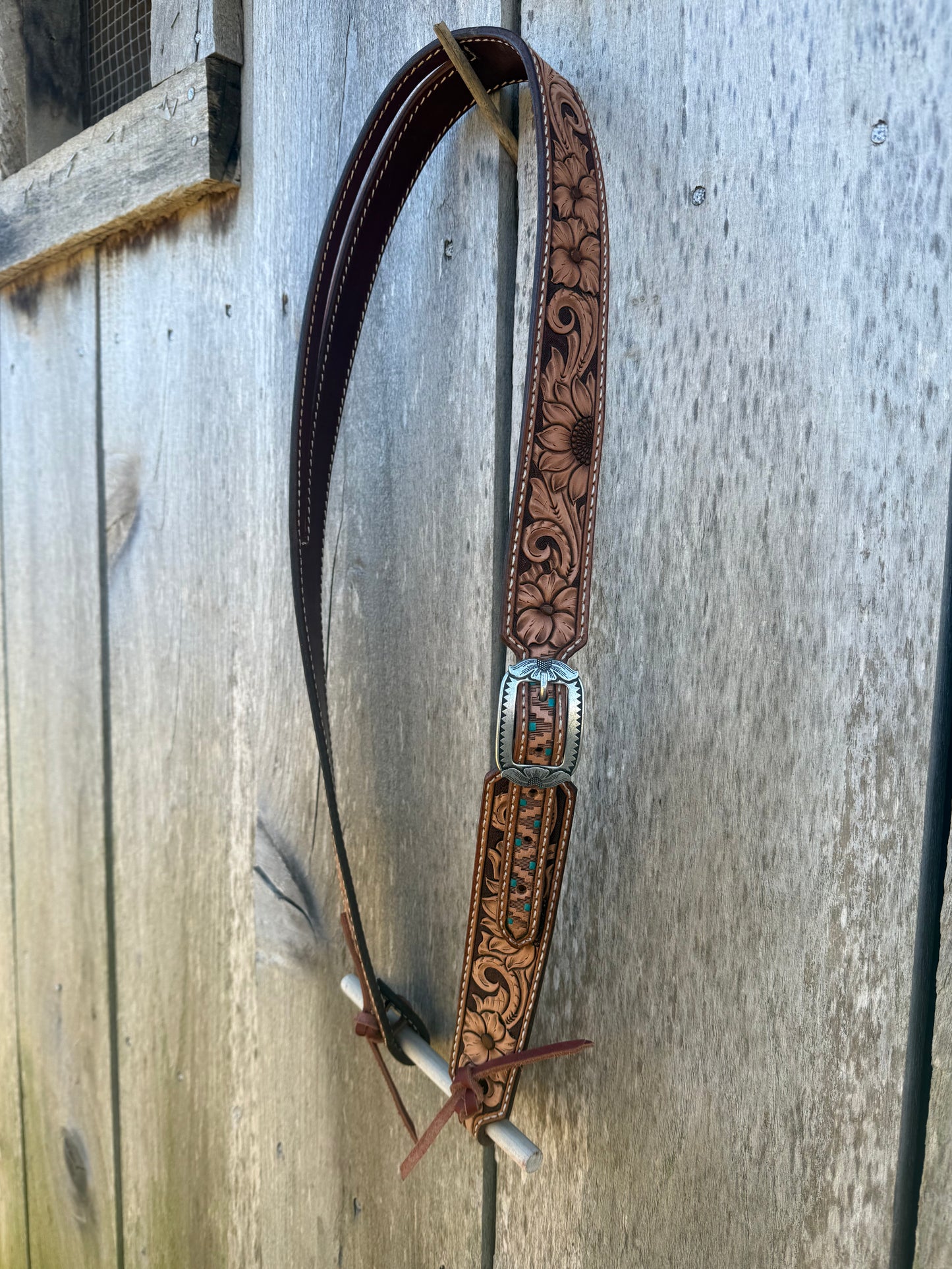 Floral Tooled leather single ear headstall, large horse 42-46 inches bit
