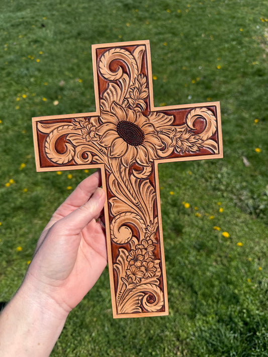 Tooled Floral Leather Cross - Sunflower and wildflowers