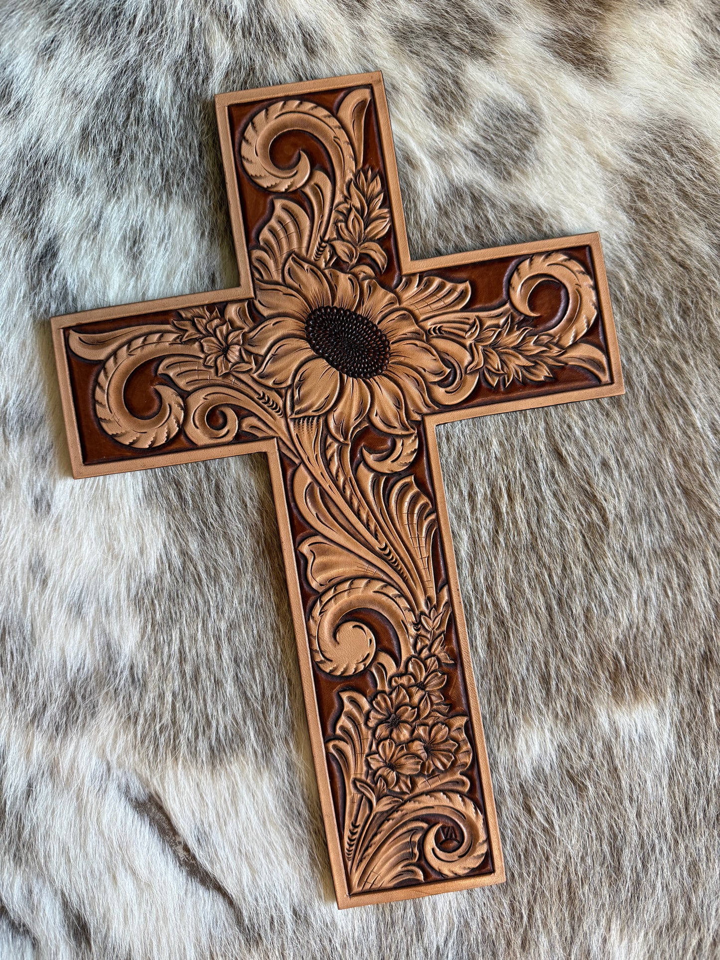 Tooled Floral Leather Cross - Sunflower and wildflowers