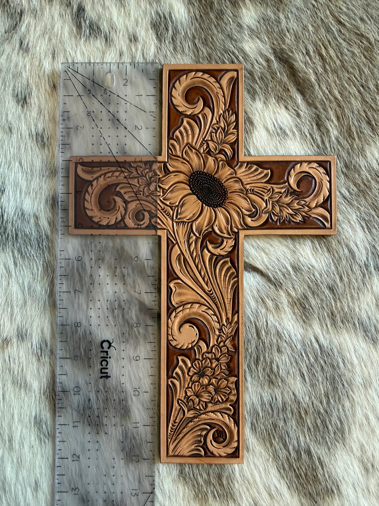 Tooled Floral Leather Cross - Sunflower and wildflowers