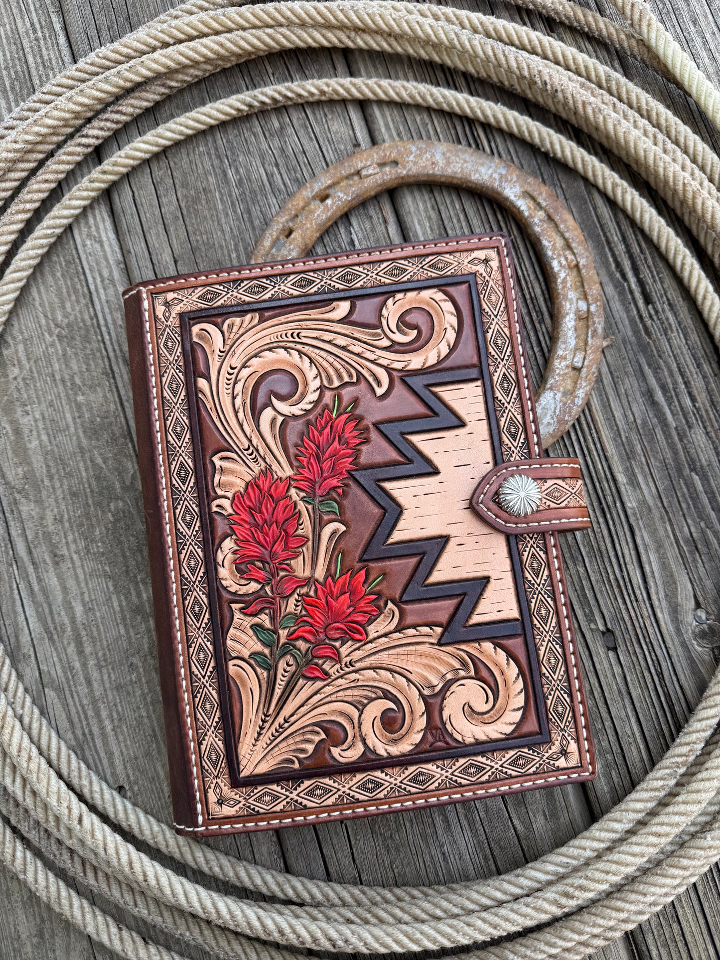 Handmade Tooled Leather Indian Paintbrush Notebook Cover
