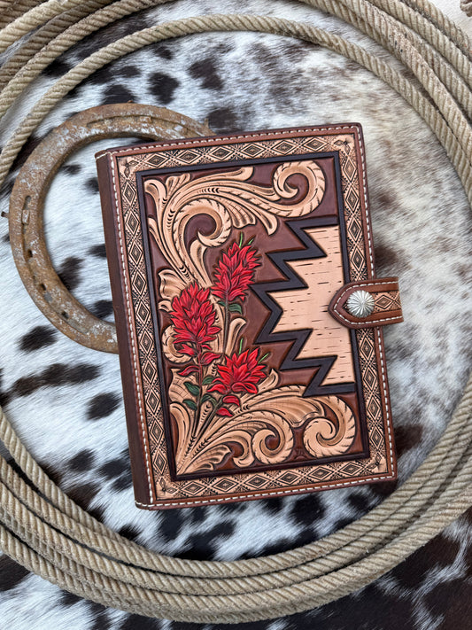 Handmade Tooled Leather Indian Paintbrush Notebook Cover