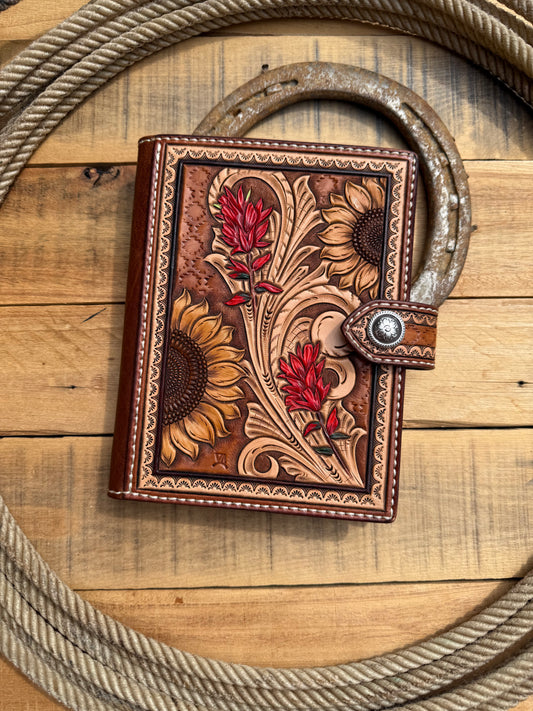 Tooled leather sunflower and Indian paintbrush notebook cover