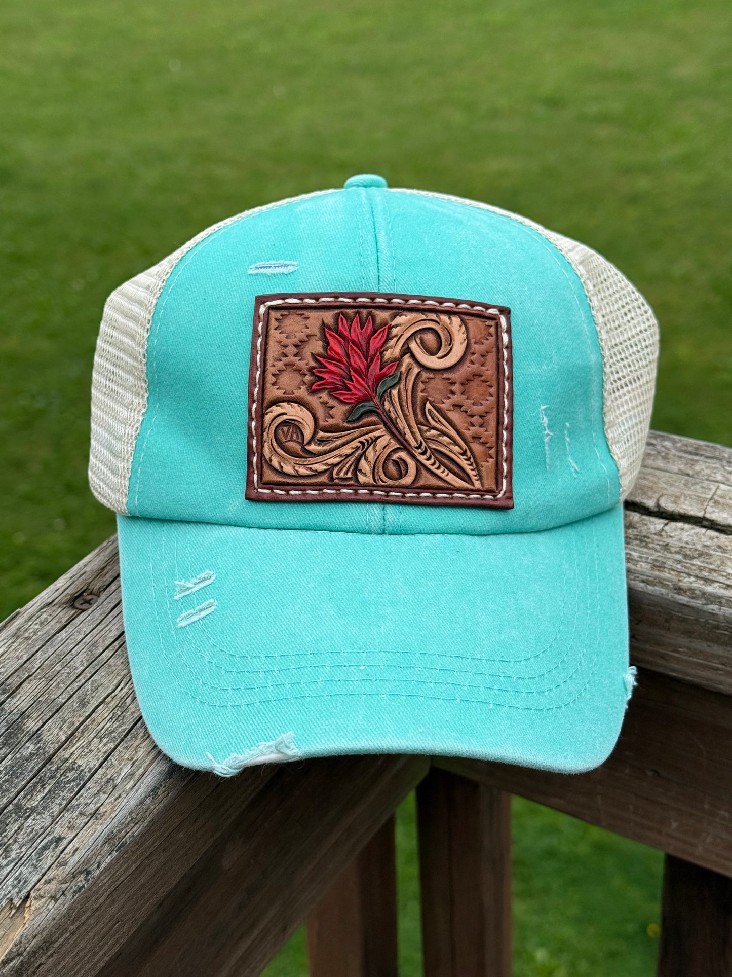 Indian Paintbrush Aqua Ponytail hat