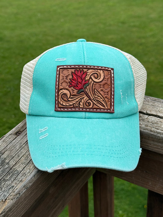 Indian Paintbrush Aqua Ponytail hat