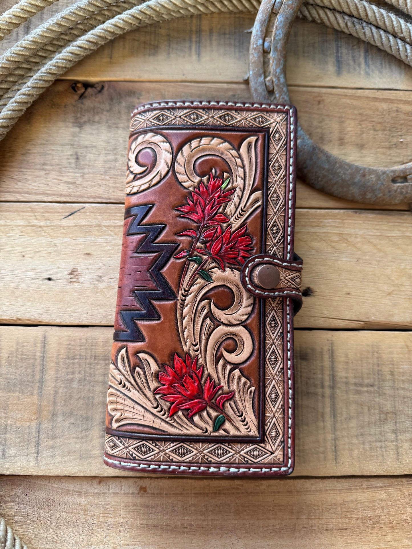 Handmade Indian Paintbrush and Aztec tooled ladies long wallet checkbook cover