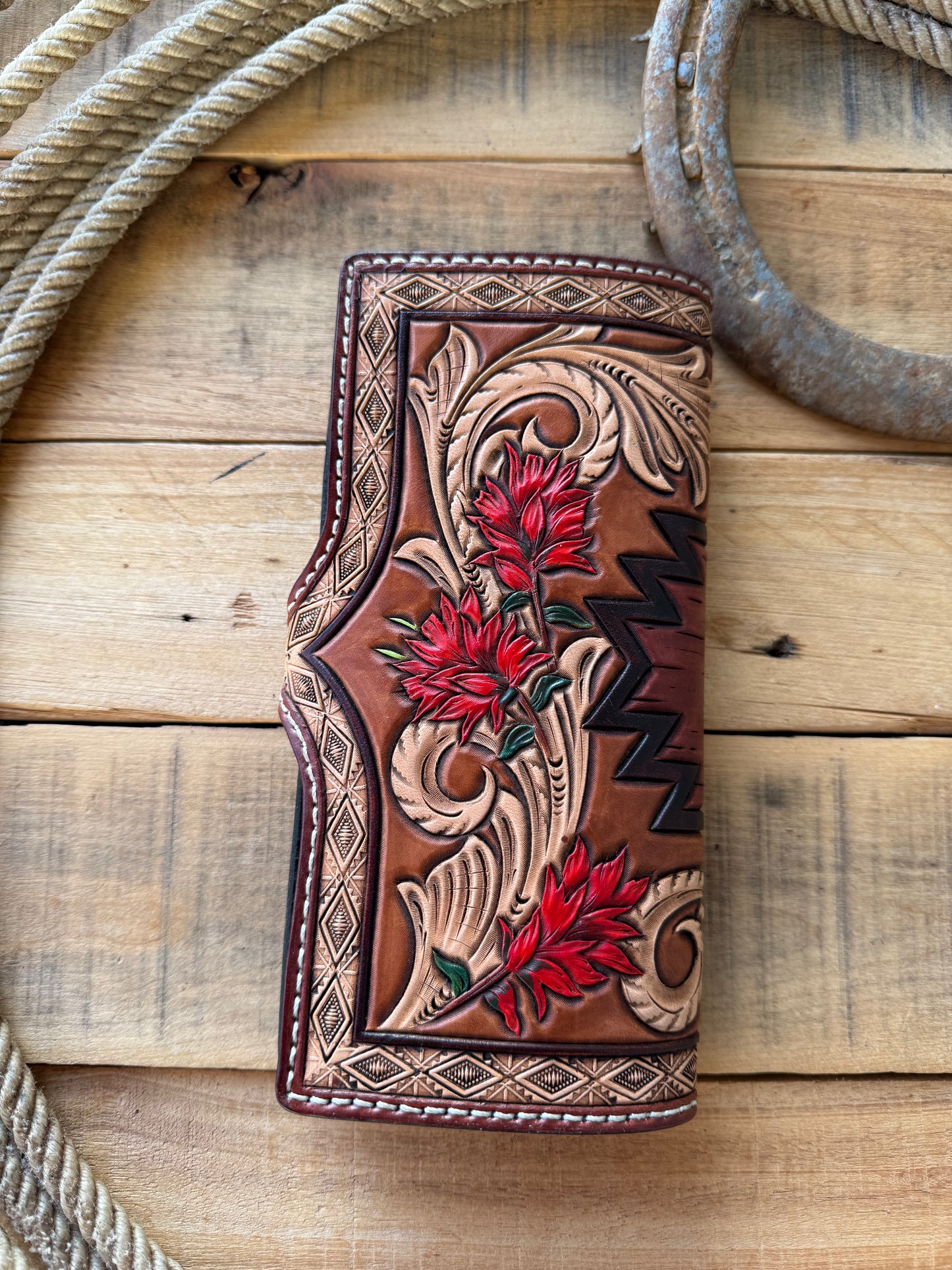 Handmade Indian Paintbrush and Aztec tooled ladies long wallet checkbook cover