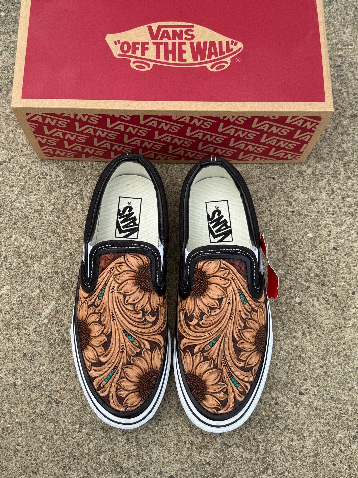 Women’s size 9.5 Custom Tooled Vans Slip on shoes with sunflower floral and turquoise details