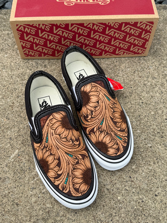 Women’s size 9.5 Custom Tooled Vans Slip on shoes with sunflower floral and turquoise details