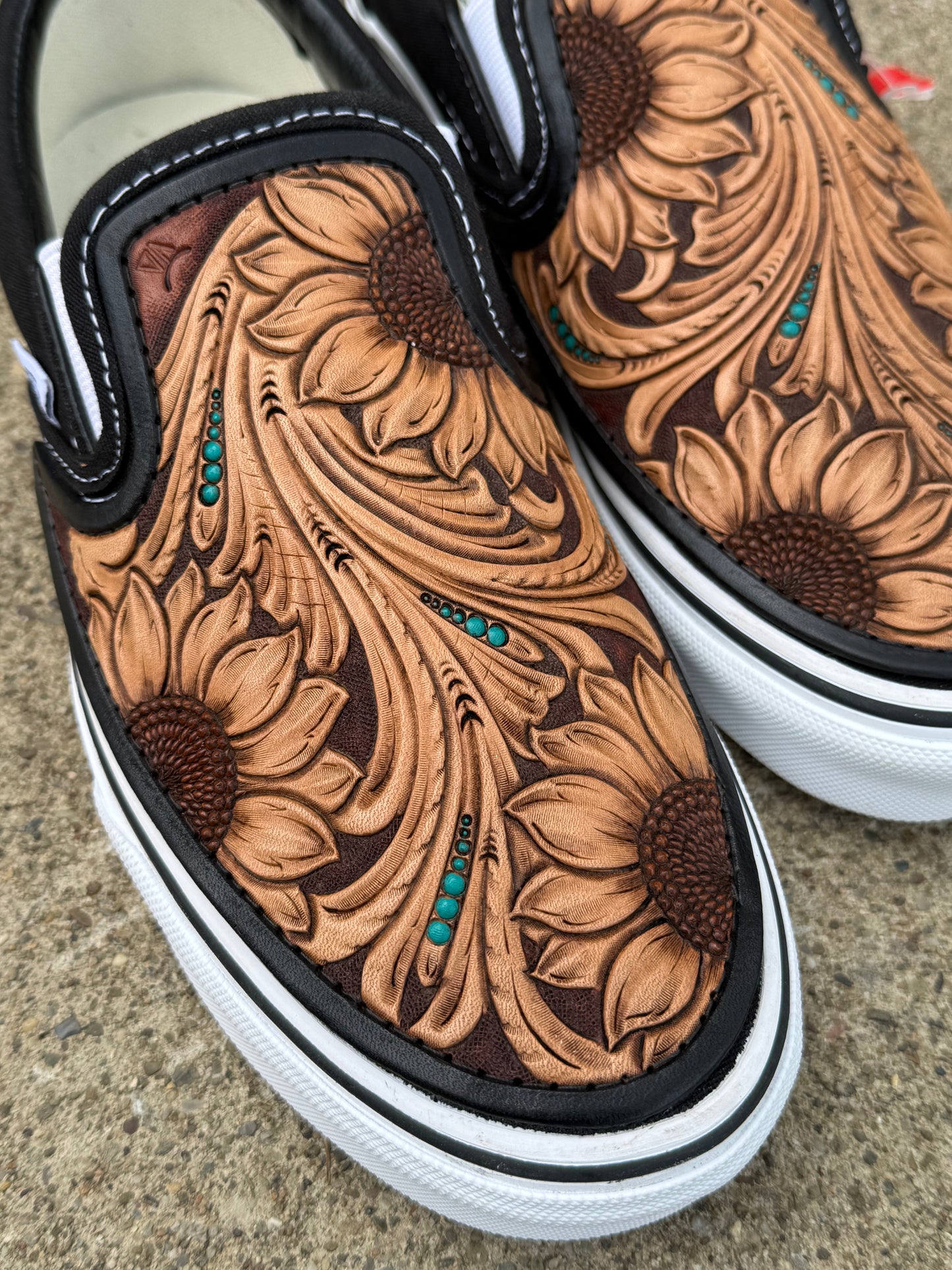Women’s size 9.5 Custom Tooled Vans Slip on shoes with sunflower floral and turquoise details