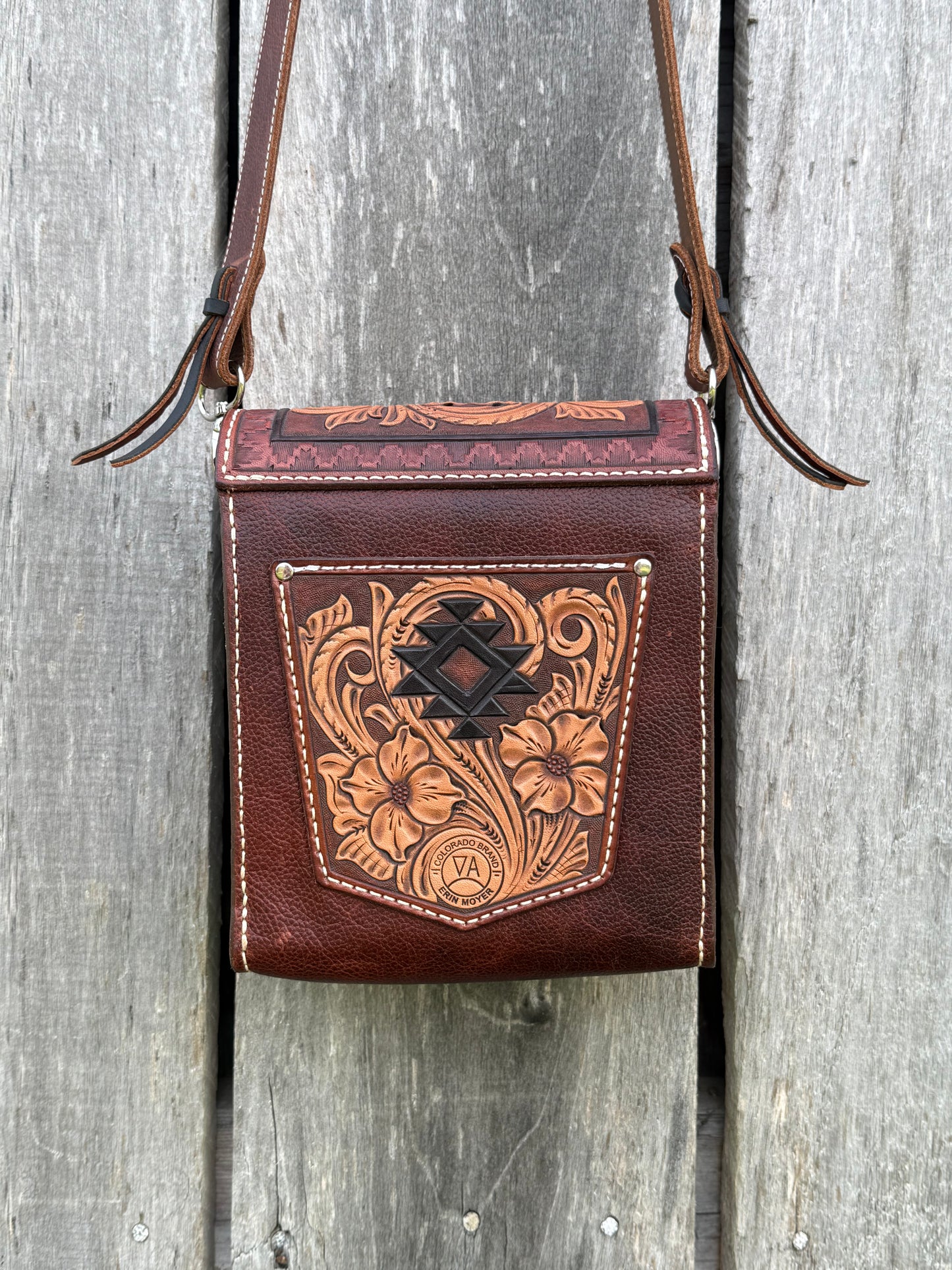 Tooled leather saddlebag style purse