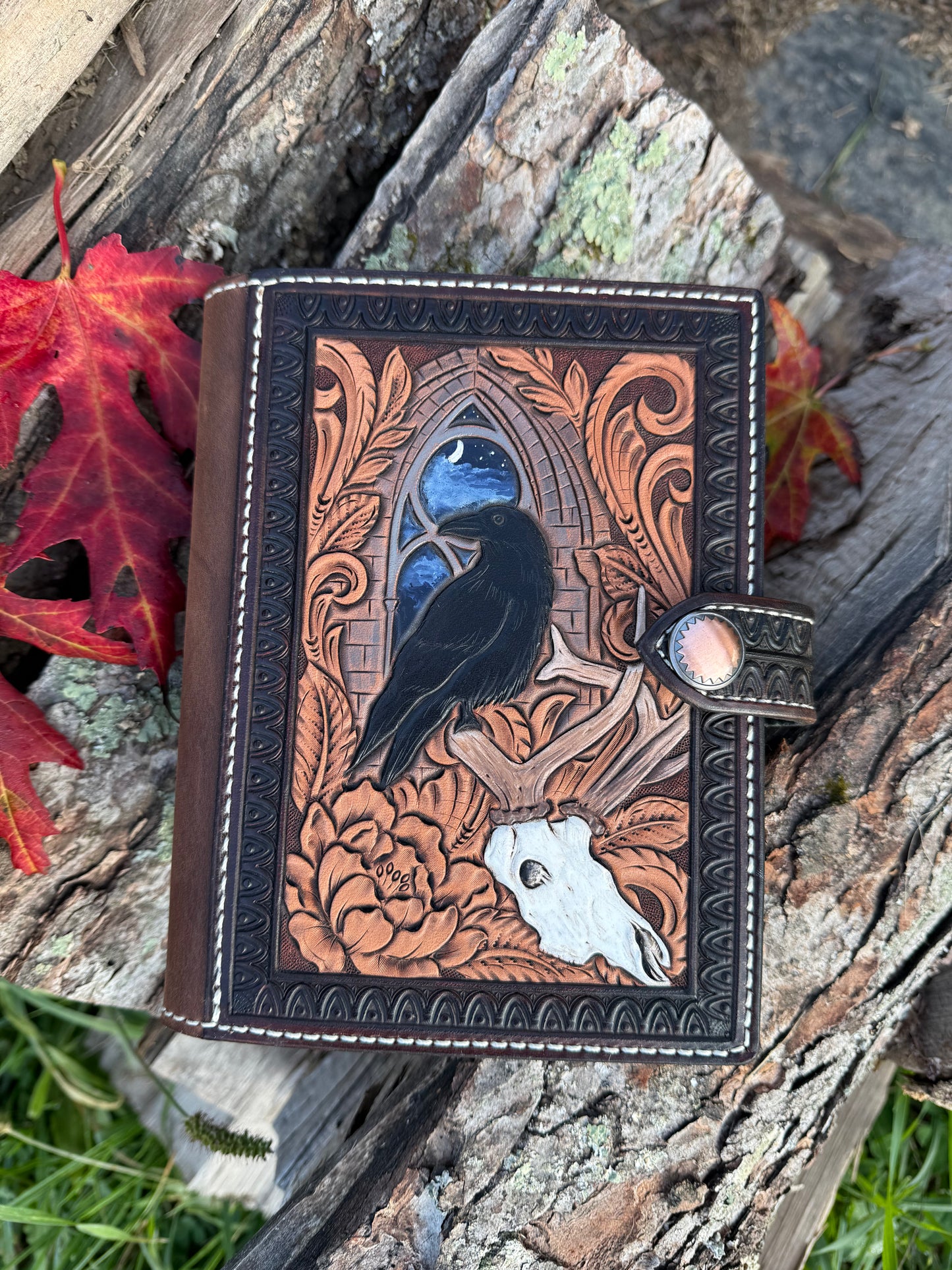 Handmade tooled leather “Spooky Night” notebook cover